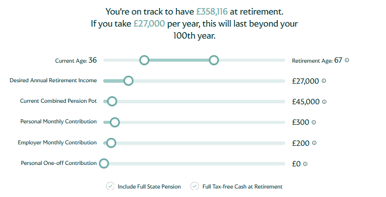 A preview of Wren Sterling's retirement pension calculator tool.